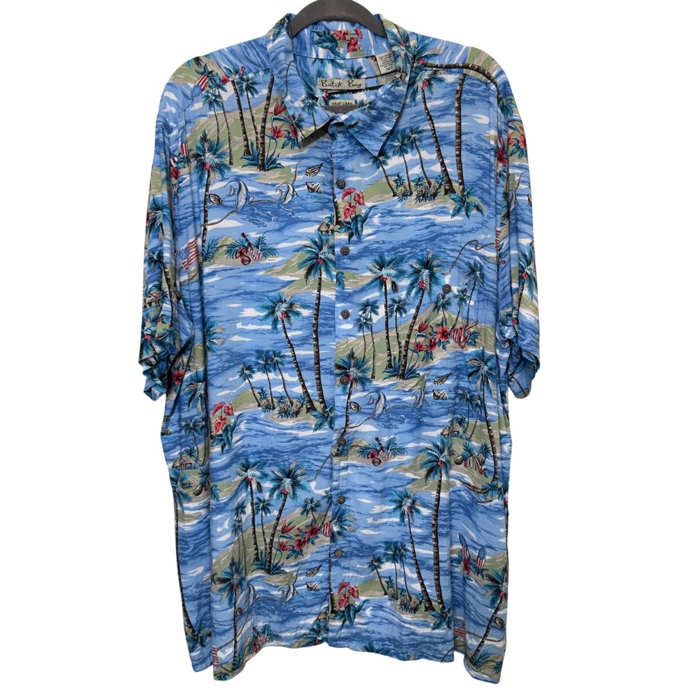 Batik Bay Mens Shirt 3XLT Blue Tropical Palm American Flag Rayon Hawaiian Resort